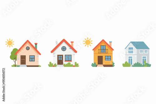 Four Colorful Cartoon Houses Isolated Background Design