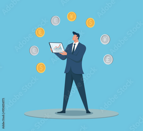 Businessman Managing Global Currency Portfolio and Financial Freedom Growth, Global wealth management, Currency market analysis, Diversified investment strategy, International finance and trading