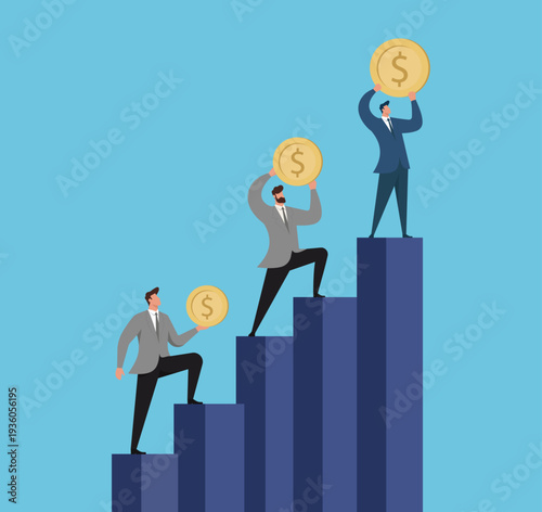 Businessmen Climbing Bar Chart Steps With Growing Profits, Increasing wealth and financial gains, Career progression and salary raise, Business growth stages and milestones