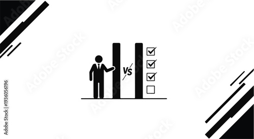 Businessman comparing data analysis vs checklist decision making concept in simple modern graphic design