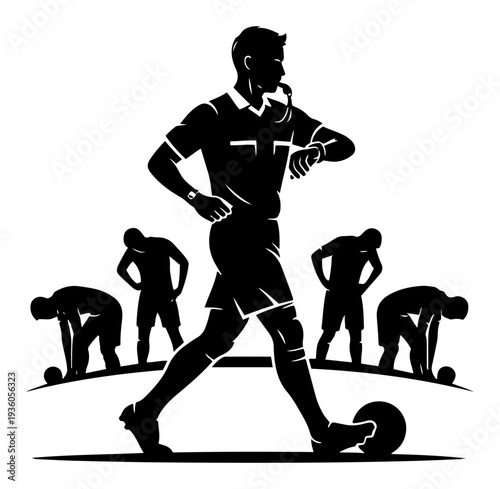 Soccer referee checking time and blowing whistle while players rest on the field