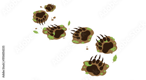 Six dark brown bear paw prints, detailed with sharp claws and surrounded by green moss and dirt, are arranged diagonally on a white surface.