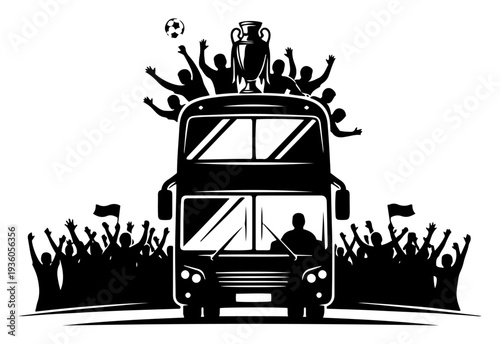 Champion soccer team parade on a bus with fans celebrating a major victory