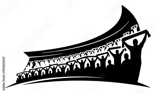 Massive crowd of soccer fans cheering and waving flags in the stadium stands