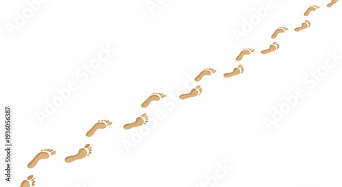 A long, winding trail of numerous light brown human footprints, each showing distinct toes and heel, progresses diagonally on a stark white background.