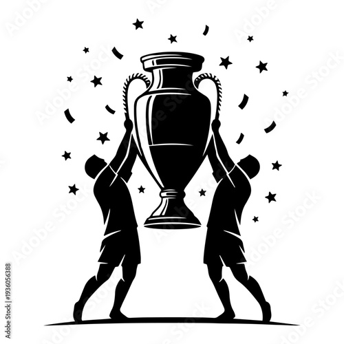 Two soccer players lifting a championship trophy cup celebrating a tournament win