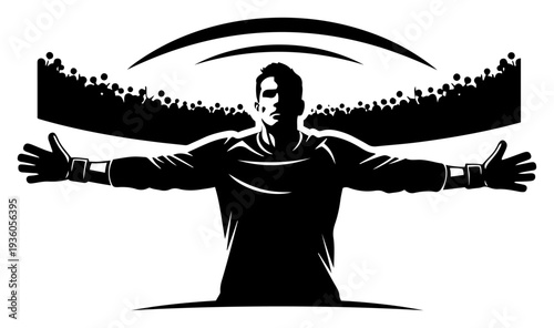 Professional soccer goalkeeper celebrating victory with arms open in front of stadium crowd