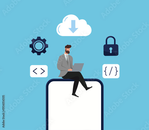Developer Sitting On Large Smartphone Coding Mobile App Features, Mobile app development process, Cloud data security and storage, Software engineering and programming