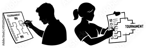 Man and woman analyzing tournament bracket to predict soccer game winners silhouette