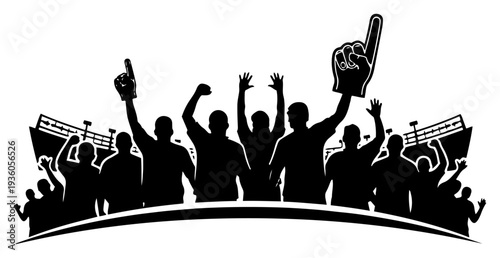 Crowd of football fans with foam fingers cheering in a stadium during a sports match