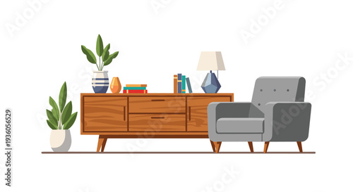 A mid-century modern living room setup features a wooden console cabinet, two potted plants, and a grey upholstered armchair on a white background.