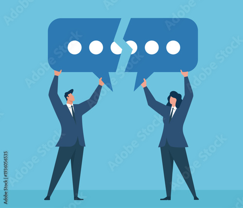 Business Man And Woman Holding Broken Speech Bubble Halves, Communication breakdown and misunderstanding, Failed business negotiation and conflict, Disconnected dialogue and lack of clarity