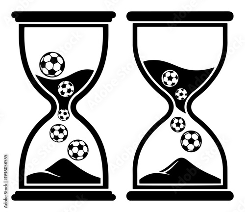 Hourglass with soccer balls falling inside to represent match time and tournament countdown