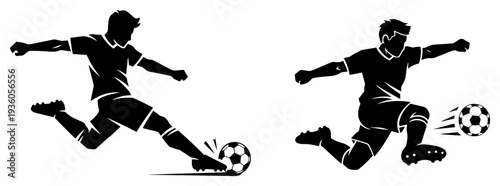 Dynamic silhouettes of soccer players kicking and sliding to control the ball in action