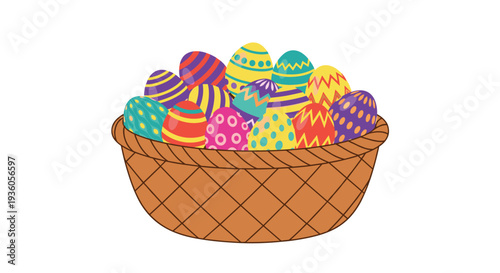 A woven brown basket, filled to the brim with numerous brightly colored Easter eggs featuring unique patterns, is centrally positioned on a white background.