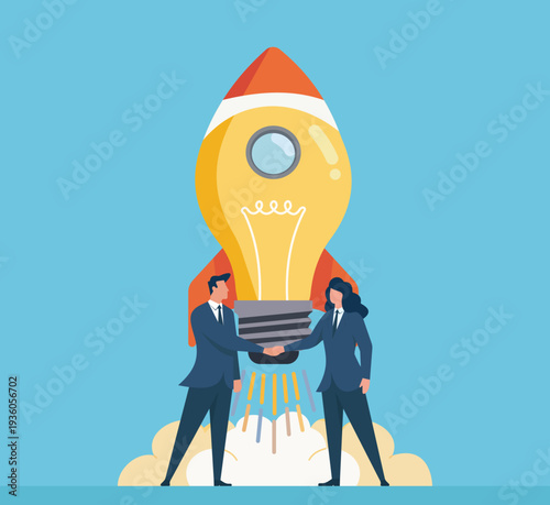 Business Partners Launching Innovative Startup Idea With Rocket Lightbulb, Successful business partnership and agreement, Launching new creative startup project