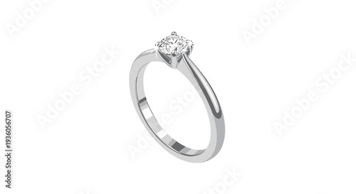 A gleaming silver engagement ring featuring a sparkling round brilliant diamond in a four-prong setting is elegantly displayed on a pure white surface.