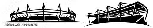 Modern soccer stadium silhouettes featuring unique arena architectural structures