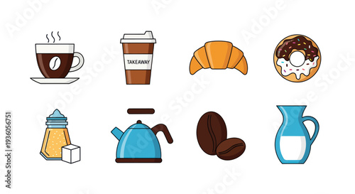 Coffee pastries and beverages vector icons