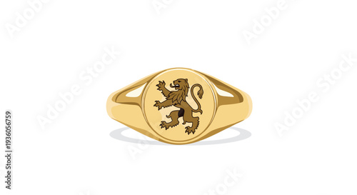 A gleaming gold signet ring with an intricately engraved lion crest on its oval face is prominently displayed against a warm, light beige backdrop.
