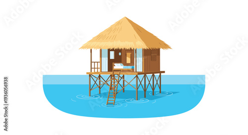A charming wooden stilt house with a thatched roof and a ladder is depicted standing over calm blue water against a clean white background.
