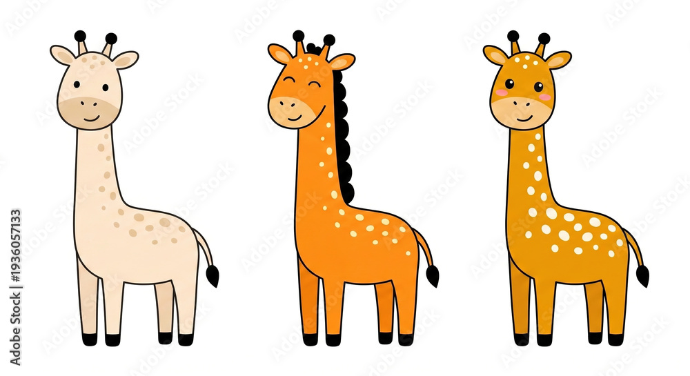 Fototapeta premium Three adorable giraffe characters standing side by side in different colors and patterns. Cute animal illustration for children's rooms and nurseries.