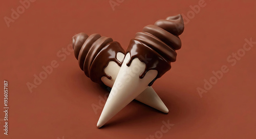 Two appetizing soft chocolate ice cream cones standing crosswise on a brown background, topped with melted chocolate sauce. Minimalist food design.