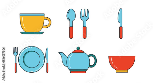 Colorful illustrated dining utensils and dishes