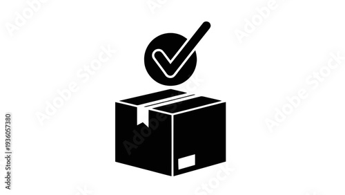 Vector illustration of black and white icon of a package with a checkmark on top for approved delivery on a transparent background