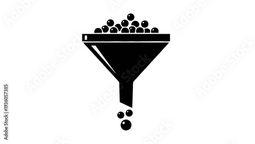Vector illustration of black silhouette of a funnel with balls pouring out on a transparent background