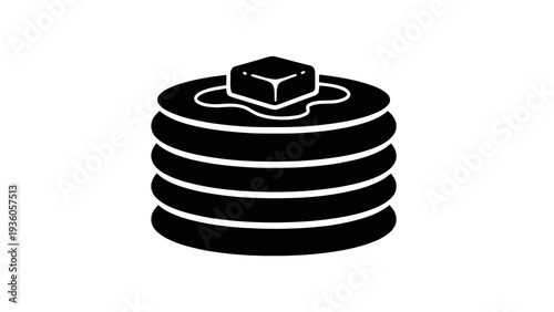 Vector illustration of black and white icon of a stack of pancakes with butter melting on top on a transparent background
