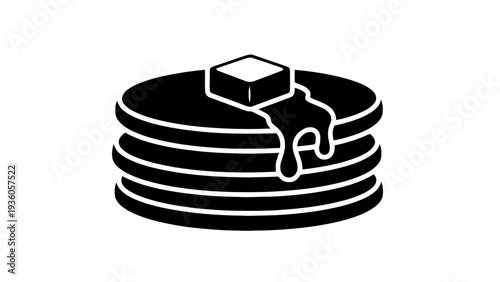 Vector illustration of black and white icon of a stack of pancakes with melting butter on top on a transparent background