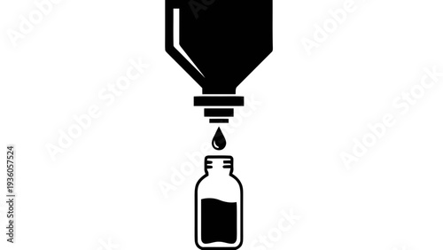 Vector illustration of black silhouette of a bottle being filled with liquid on a transparent background