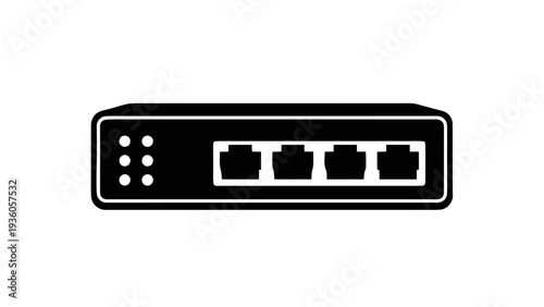 Vector illustration of black and white icon of a network switch with five ports on a on a transparent background