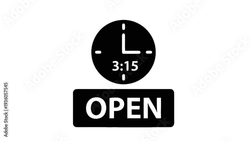 Vector illustration of black and white open sign with clock showing 315 on a transparent background