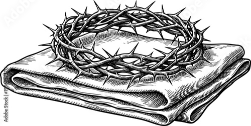 Crown of Thorns and Folded Cloth Engraving Style Art for Easter Religious Illustration, Biblical Suffering Symbol, Lenten Season Imagery, and Christian Faith Emblems