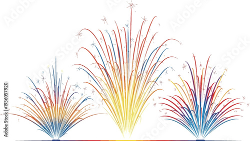 Three patriotic fireworks of varying heights featuring red, white, and blue colors launch upward against a stark white background for a national holiday.