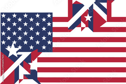 A geometrically fragmented abstract representation of the American flag combines stars and stripes patterns in a modern, deconstructed design.