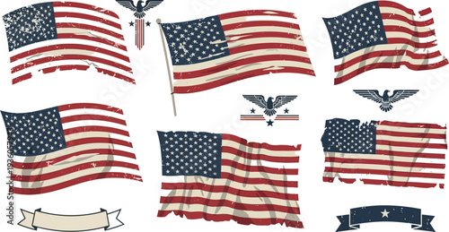 A collection of six distressed, waving, and tattered American flag graphics are presented alongside small eagle insignias and empty banner shapes.
