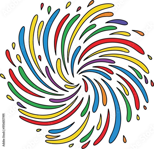 A colorful, swirling vortex design features numerous curved, teardrop shapes in a full spectrum of bright hues forming a circular pattern.