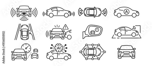 Autonomous car and smart driving technology line icons set with vehicle sensors radar parking assist collision warning lane control and driverless transport symbols on transparent background