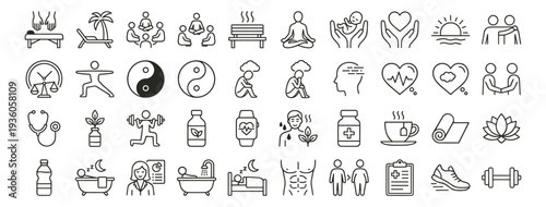 Wellness and healthy lifestyle outline icon set, yoga meditation fitness nutrition and self care symbols isolated on transparent background