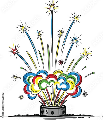 Colorful cartoon firework explodes upward from a small silver canister against a white background.