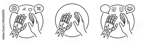 Artificial intelligence and human interaction line icons with robotic hand and human hand communication collaboration technology and digital automation concepts on transparent background