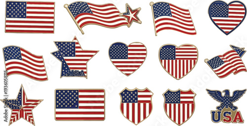 Collection of various enamel pins featuring American flag designs in shapes like rectangles, stars, hearts, and shields.