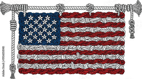 American flag constructed entirely from thick woven rope and knots hangs horizontally from a thick rope border.