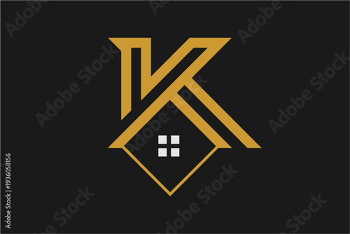 Modern Gold Letter K with roof  vector Logo Design.