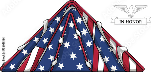 Folded American flag draped over a triangular shape symbolizes military honor and patriotic remembrance in a graphic representation.
