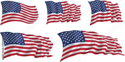 Multiple dynamic illustrations of the American flag waving in the wind show various sizes and realistic fabric folds.
