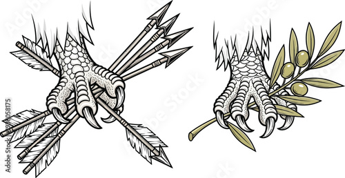 A set of two stylized eagle talons, one gripping crossed arrows and the other holding an olive branch for contrast.